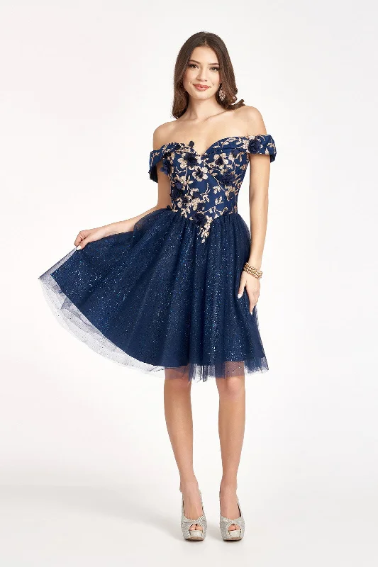 Simple satin party dresses for sophisticated looks -Glitter Print Short Off Shoulder Dress by Elizabeth K GS1978