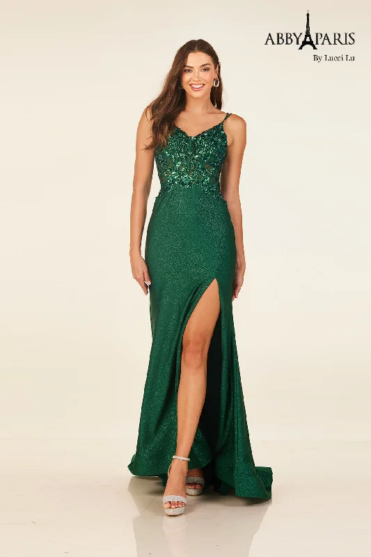 cocktail dresses with metallic fabrics for festive occasions --Sequin Applique V-Neck Slit Gown by Abby Paris 90314