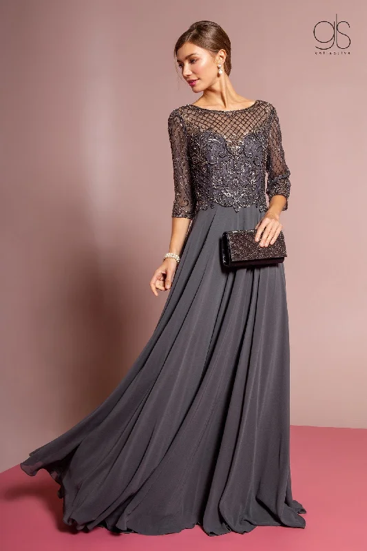 Short dresses for wedding guests who want to show off their legs -Long Embellished Bodice Dress with Mid Sleeves by GLS Gloria GL2686
