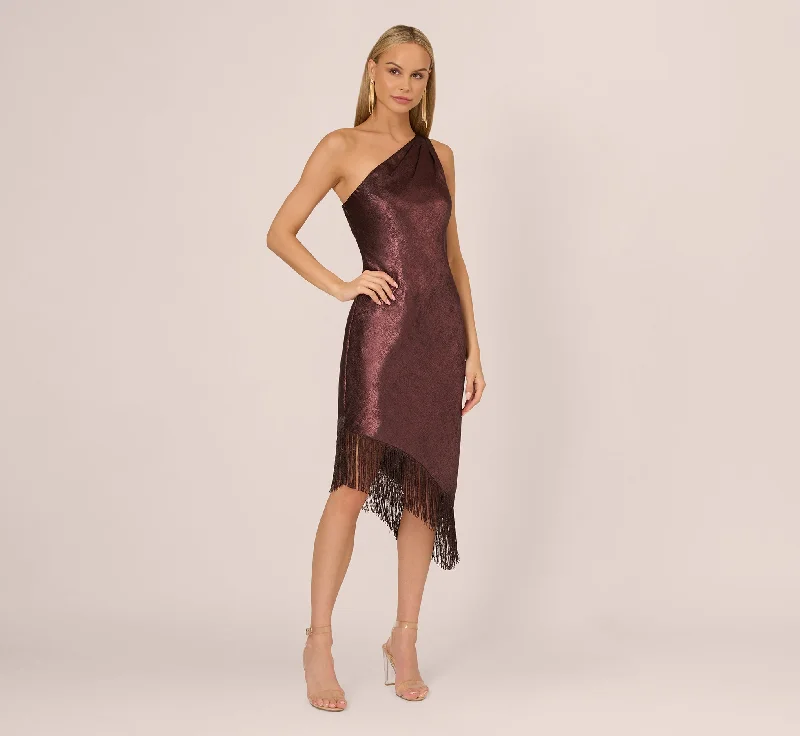 Wedding guest dresses with elegant draping for a sophisticated look -Foiled One Shoulder Asymmetrical Dress With Fringe Hem In Blackened Red