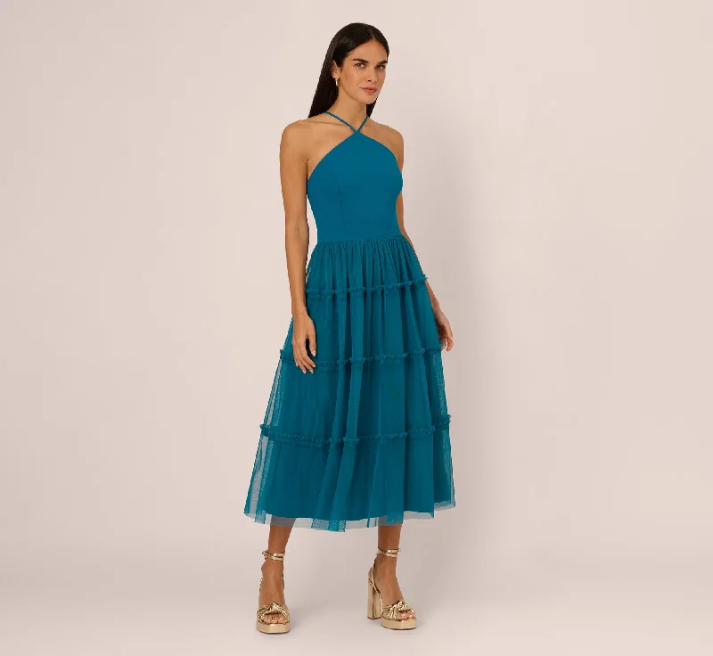 Wedding guest dresses for semi-formal ceremonies with a relaxed vibe -Knit And Mesh Tiered Midi Halter Dress In Peacock