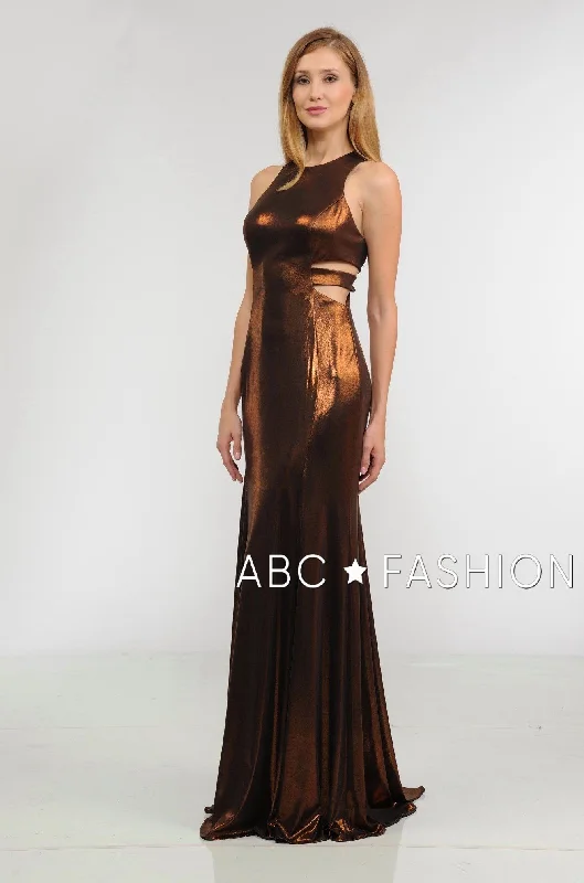 cocktail dresses with open shoulder designs for summer --Long Metallic Foil Dress with Side Cutouts by Poly USA 8270