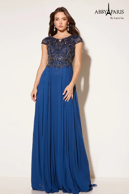 cocktail dresses with mesh sleeves for subtle coverage --Chiffon Short Sleeve A-line Gown by Abby Paris 95091