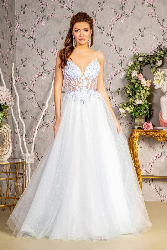 formal dresses for bridesmaids in matching pastel colors --3D Butterfly Sleeveless Corset A-line Gown by GLS Gloria GL3265