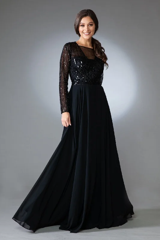 Wedding guest dresses in jewel tones for fall and winter weddings -Embellished Long Sleeve Chiffon Gown by Amelia Couture 7036