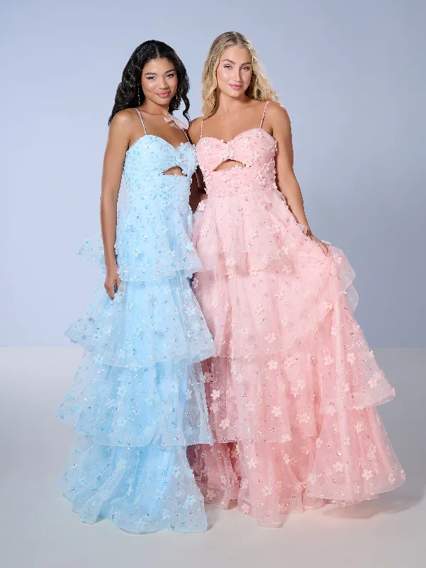 formal dresses for cocktail receptions with fitted bodices --3D Floral Sleeveless Layered Gown by Tiffany Designs 16144