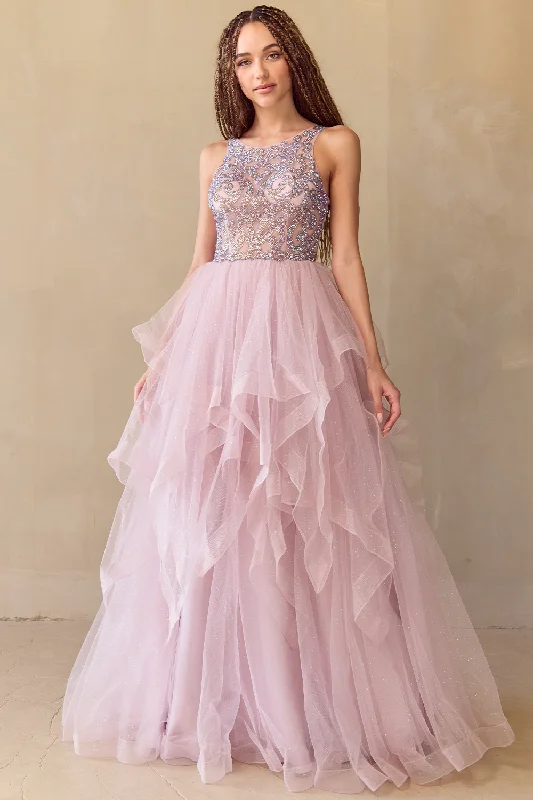 cocktail dresses with mesh panels for modern style --Sleeveless A-line Layered Gown by Amelia Couture 5066