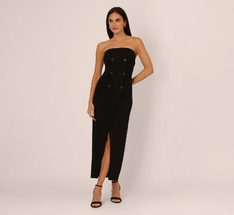 Wedding guest dresses with intricate lace work for added sophistication -Strapless Knit Crepe Blazer Midi Dress In Black