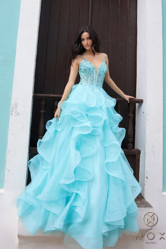 cocktail dresses with mesh sleeves for subtle coverage --Embroidered Sleeveless Ruffled Gown by Nox Anabel R1433
