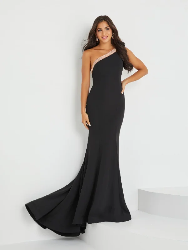 cocktail dresses with two-tone designs for modern look --Fitted Crepe One Shoulder Gown by Tiffany Designs 16029