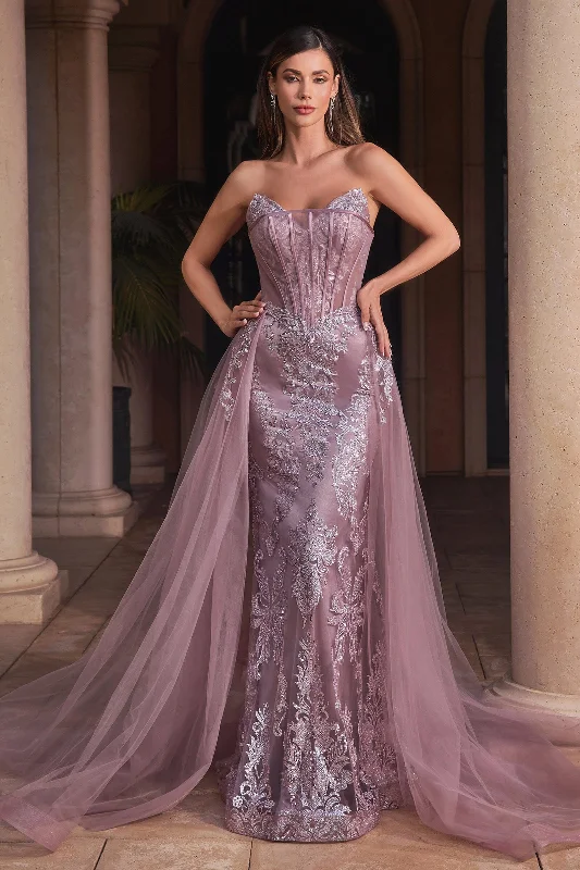 cocktail dresses with floral prints for daytime events --Strapless Glitter Print Overskirt Gown by Ladivine J858