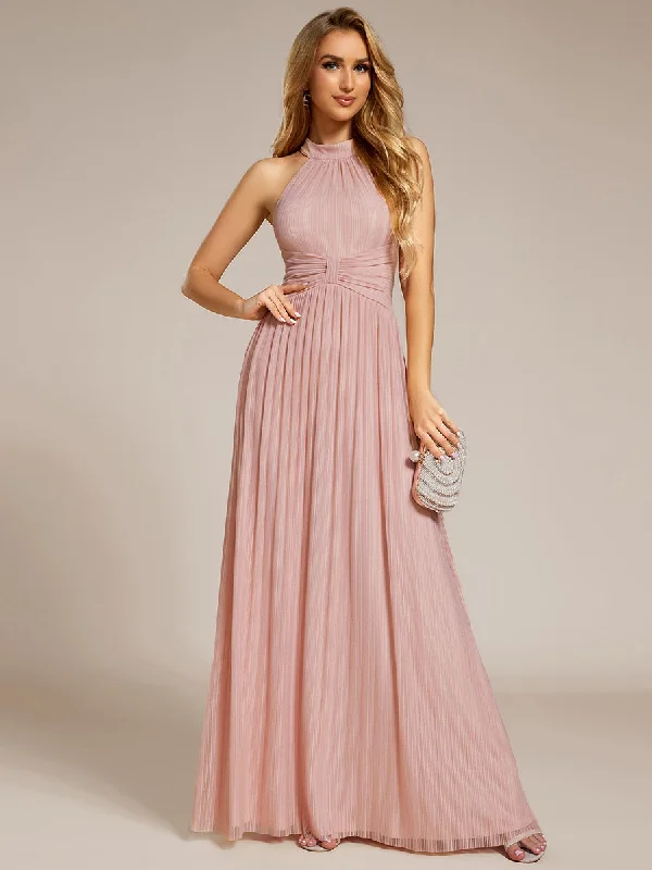 formal dresses with lace necklines for feminine touch --Glittery Halter Neck Pleated Formal Wholesale Evening Dress