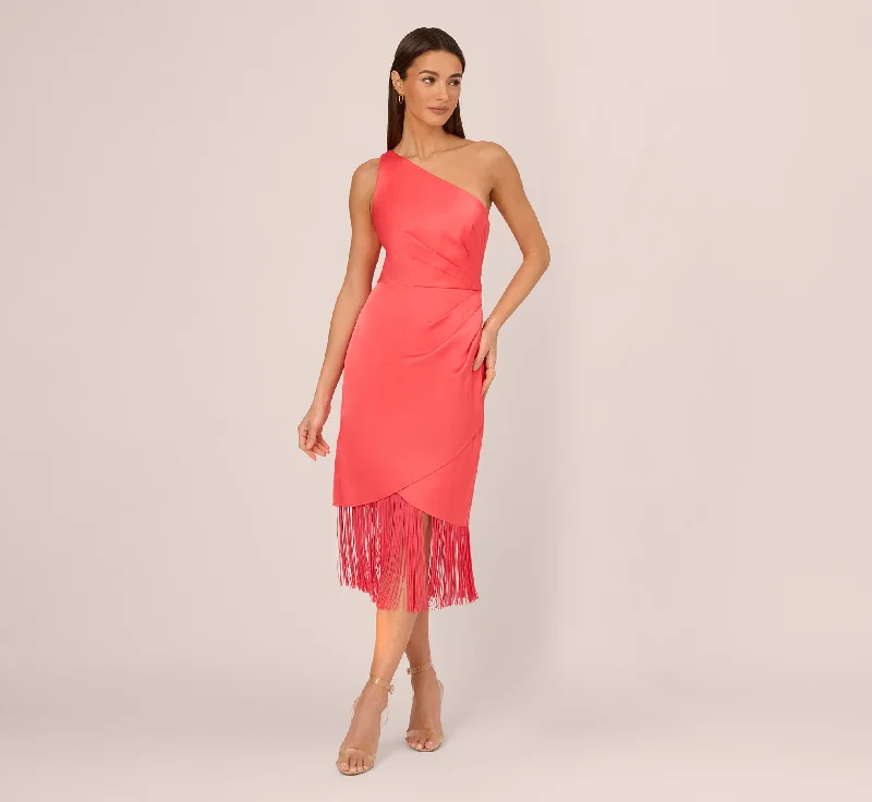 Trendy wedding guest dresses for weddings in tropical climates -Stretch Satin One Shoulder Midi Dress With Fringe Skirt In Spicy Coral