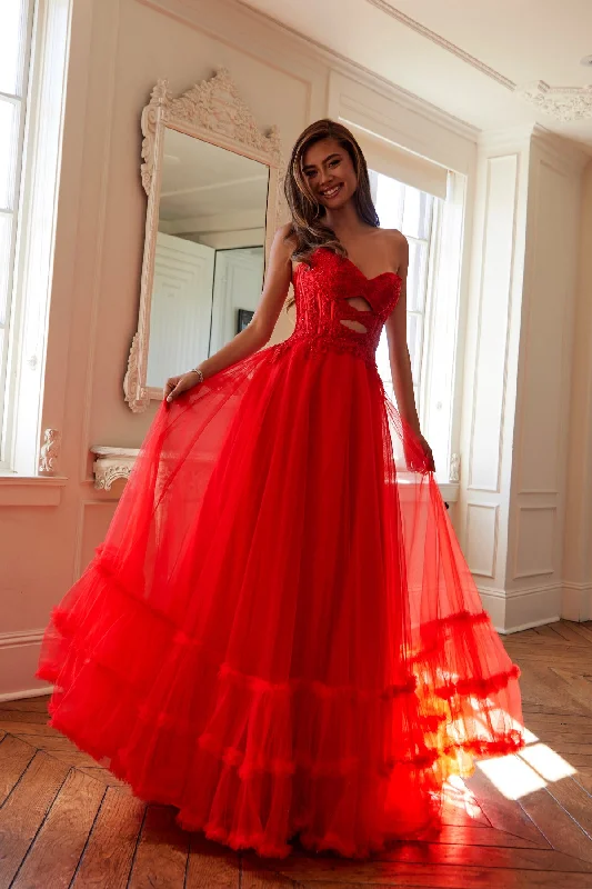cocktail dresses with beaded bodices for sparkle --Strapless A-line Ruffled Gown by Juliet JT2561S