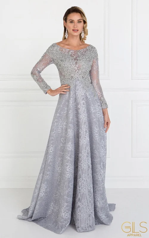 Wedding guest dresses for formal evening celebrations -Long Silver Lace Dress with Lace Sleeves by Elizabeth K GL1537