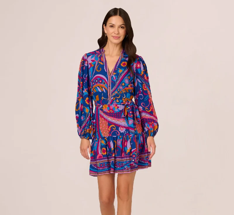 Spring dresses with a tiered skirt for added volume -Long Sleeve Retro Printed A Line Dress In Blue Multi