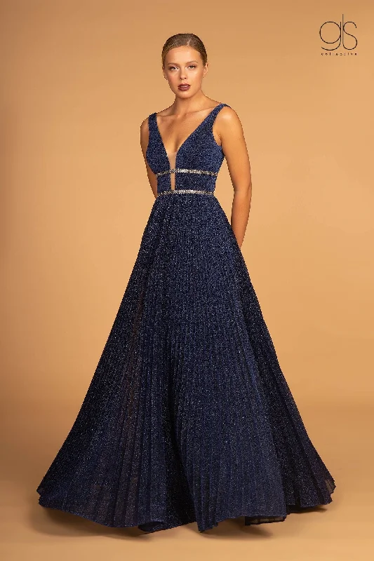 cocktail dresses with two-tone designs for modern look --Long Illusion V-Neck Metallic Dress by Elizabeth K GL2501