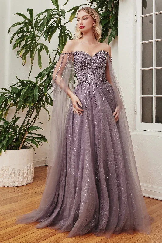 Wedding guest dresses for formal evening celebrations -Beaded Cape Sleeve Gown by Ladivine CD0204