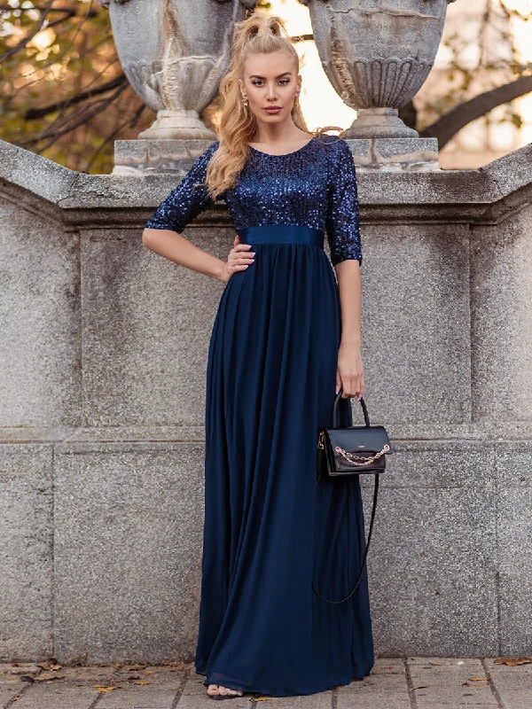 formal dresses with built-in shapewear for smooth silhouette --Elegant Round Neckline Sequins Patchwork Wholesale Evening Dress