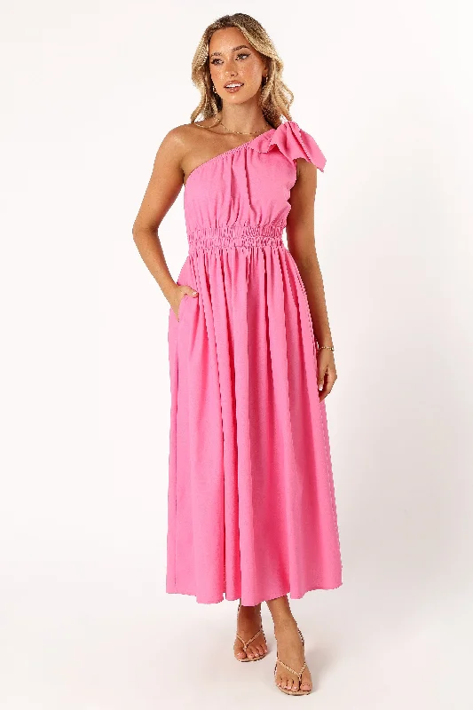 formal dresses for young adults with trendy cuts --Kailey One Shoulder Maxi Dress - Hot Pink
