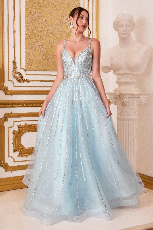 formal dresses with pleated skirts for graceful movement --Long Beaded Tulle Dress by Cinderella Divine CD940