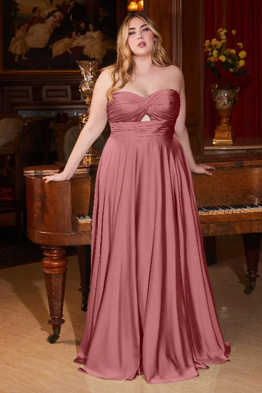 cocktail dresses with pleated skirts for elegant flow --Plus Size Satin Strapless Keyhole Gown by Ladivine 7496C