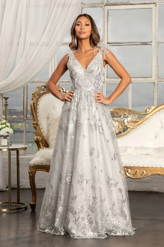 Affordable dresses for wedding guests without sacrificing style -Feather Glitter Print Gown by Elizabeth K GL3048