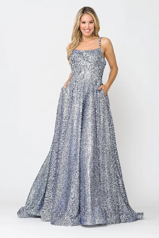 cocktail dresses with mesh sleeves for subtle coverage --Long Foiled Glitter Dress with Strappy Back by Poly USA 8716