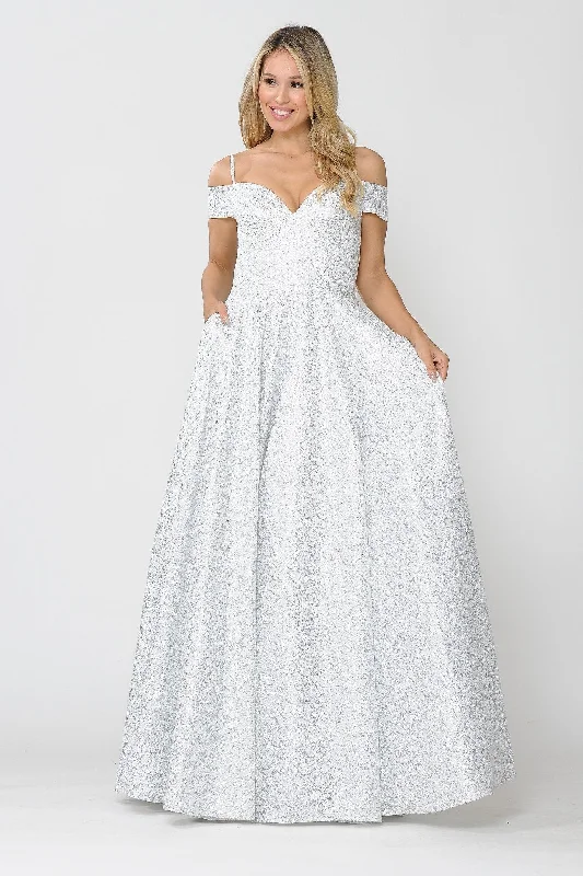 cocktail dresses with tiered skirts for playful movement --Long Glitter Lace Cold Shoulder Dress by Poly USA 8380