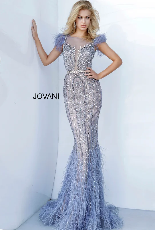formal dresses for winter weddings with velvet and long sleeves --Beaded Feather Fitted Sleeveless Gown by Jovani 02326