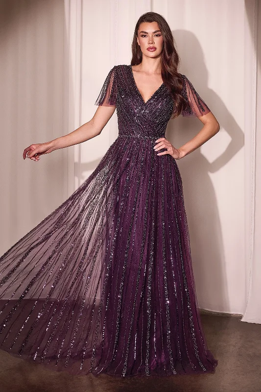 Short wedding guest dresses for a fun, playful look -Beaded Short Sleeve A-line Gown by Ladivine CD0241