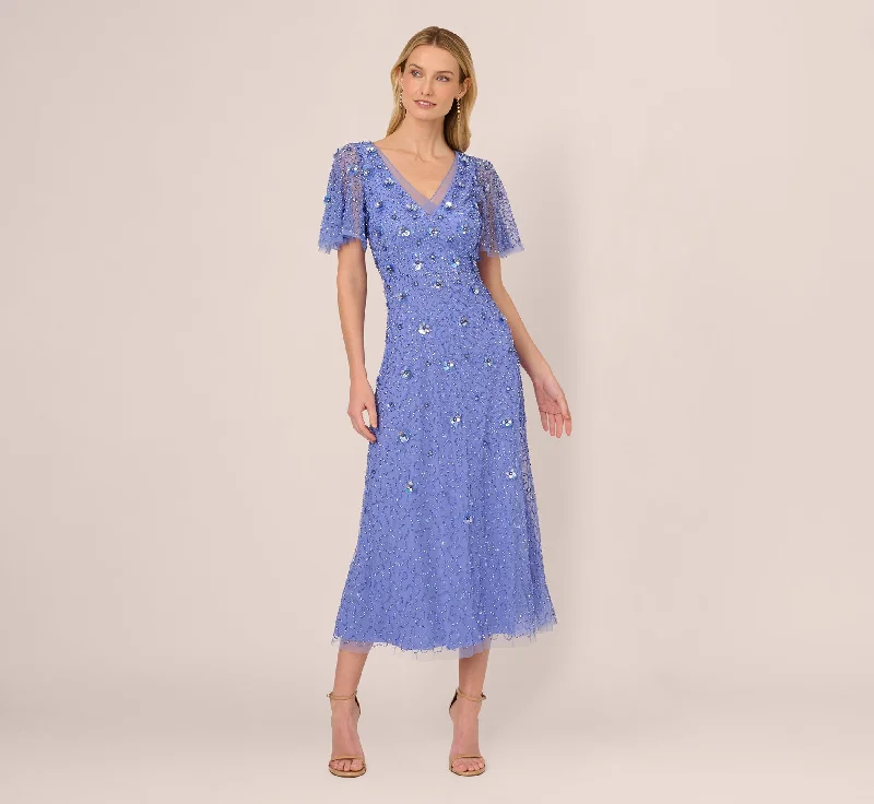 Best dresses for wedding guests attending a garden wedding -Beaded Mesh Flutter Sleeve Midi Dress In Peri Blue