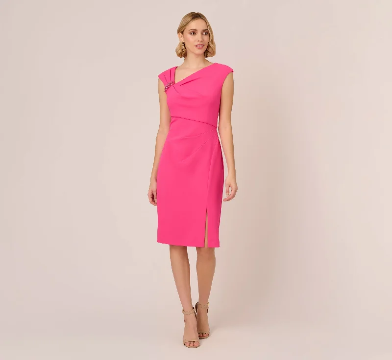 Spring dresses with puff sleeves for a trendy style -Knit Crepe Sleeveless Midi Dress With Asymmetrical Neckline In Electric Pink