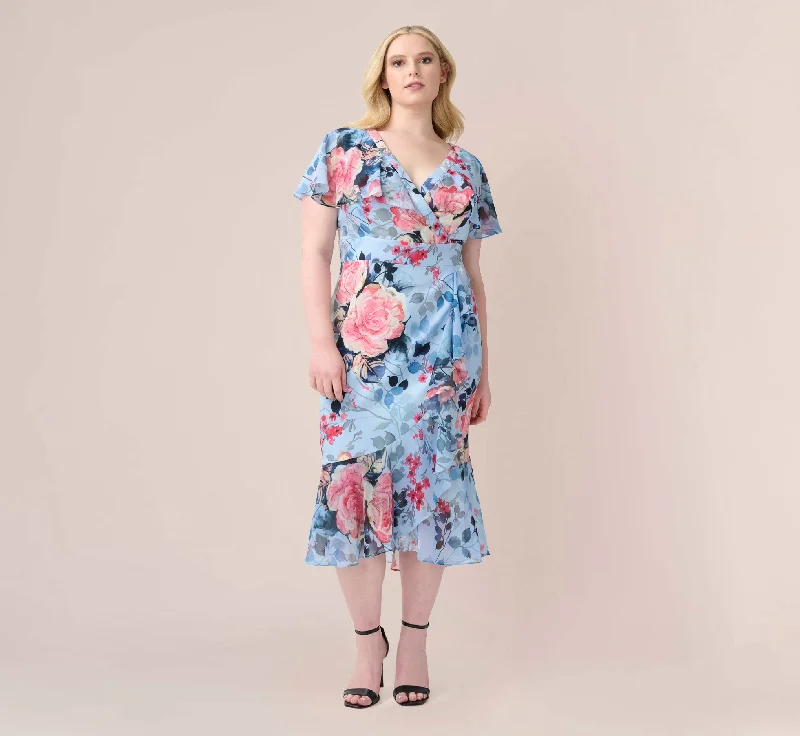 Affordable spring dresses for every occasion -Plus Size Floral Faux Wrap Dress In Blue Multi