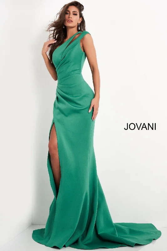 cocktail dresses with mesh necklines for modern appeal --Crepe Fitted One Shoulder Slit Gown by Jovani 04222