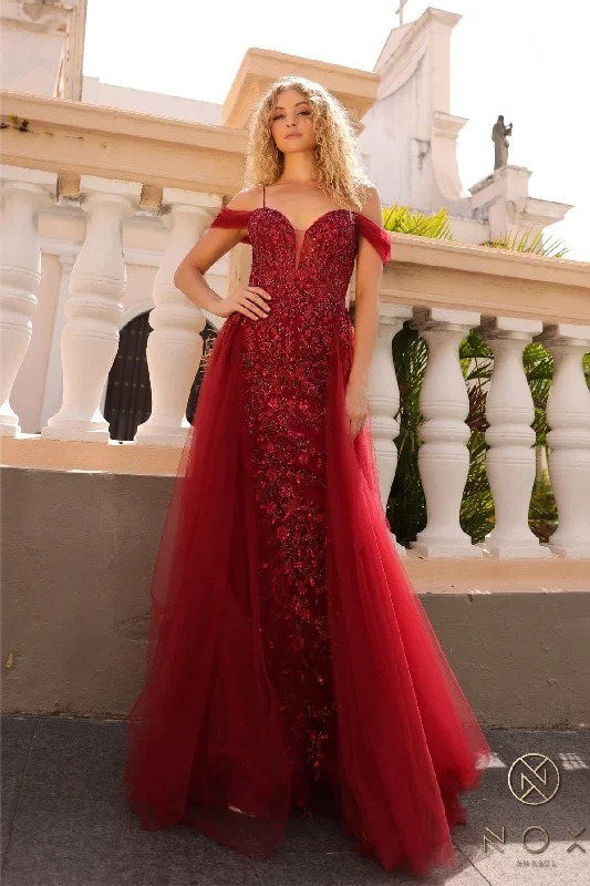 Trendy wrap dresses for wedding guests in warmer weather -Applique Cold Shoulder Overskirt Gown by Nox Anabel L1362