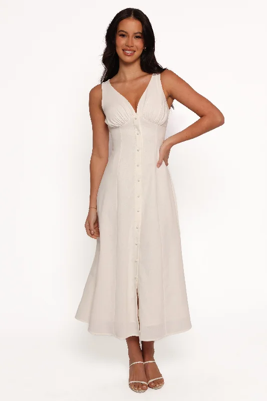 cocktail dresses with layered skirts for dramatic effect --Barbara Midi Button Down Dress - White