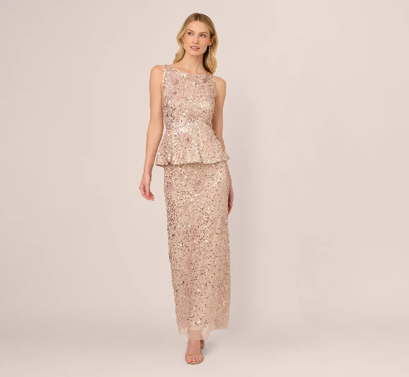 formal dresses for cocktail receptions with fitted bodices --Sleeveless Beaded Peplum Dress In Shell