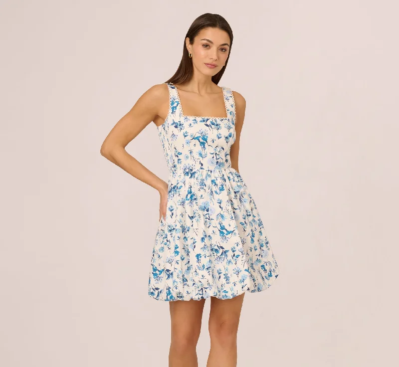Comfortable spring dresses for everyday wear -Sleeveless Floral Short Balloon Skirt Dress In Ivory Blue Multi