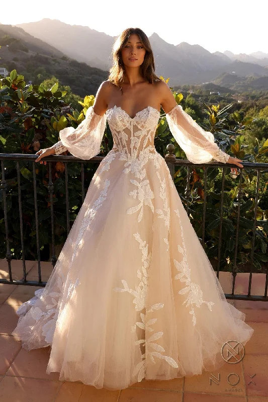 cocktail dresses with high-low skirts for trendy looks --Puff Sleeve Strapless Corset Bridal Gown by Nox Anabel JE990L
