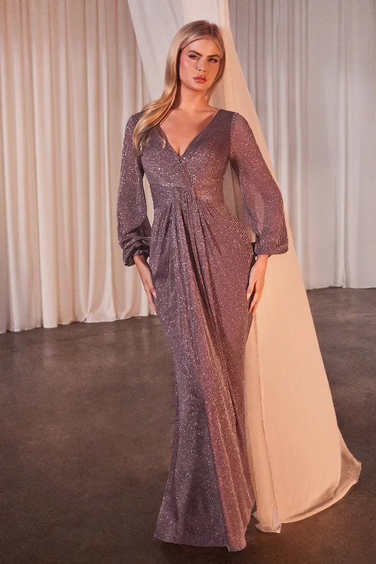 Beautiful wedding guest dresses for winter celebrations -Fitted Long Sleeve Metallic Gown by Ladivine CK2141