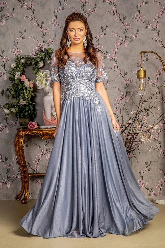 Affordable and stylish wedding guest dresses for fall -Metallic Applique Short Sleeve A-line Gown by GLS Gloria GL3444