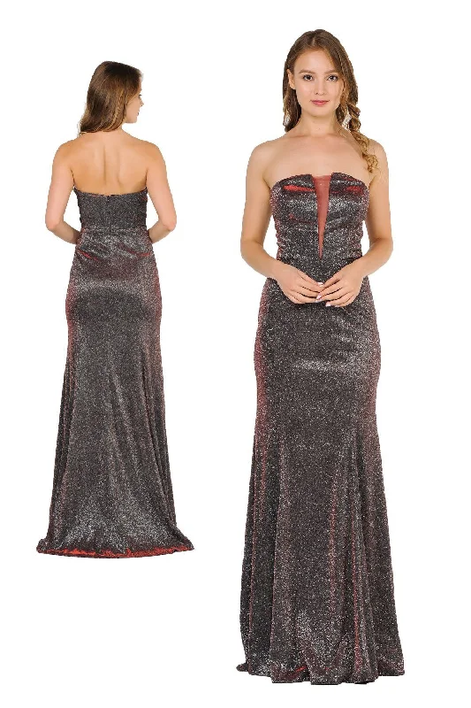 formal dresses for post-surgery patients with easy closures --Long Strapless Metallic Glitter Dress by Poly USA 8490