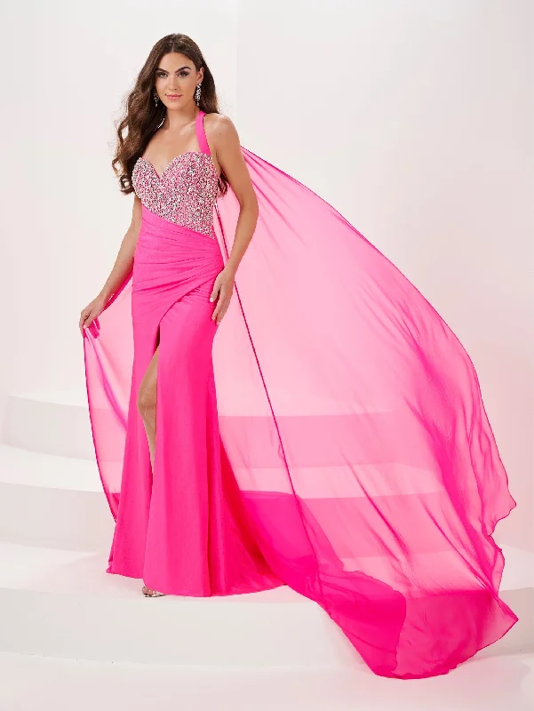 cocktail dresses with satin sashes for waist accentuation --Beaded Spandex Halter Cape Slit Gown by Panoply 14175