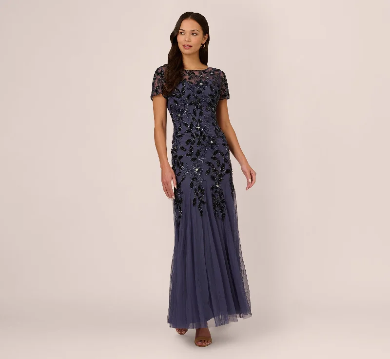 formal dresses for business galas with sleek designs --Hand Beaded Short Sleeve Floral Godet Gown In Smoky Peri