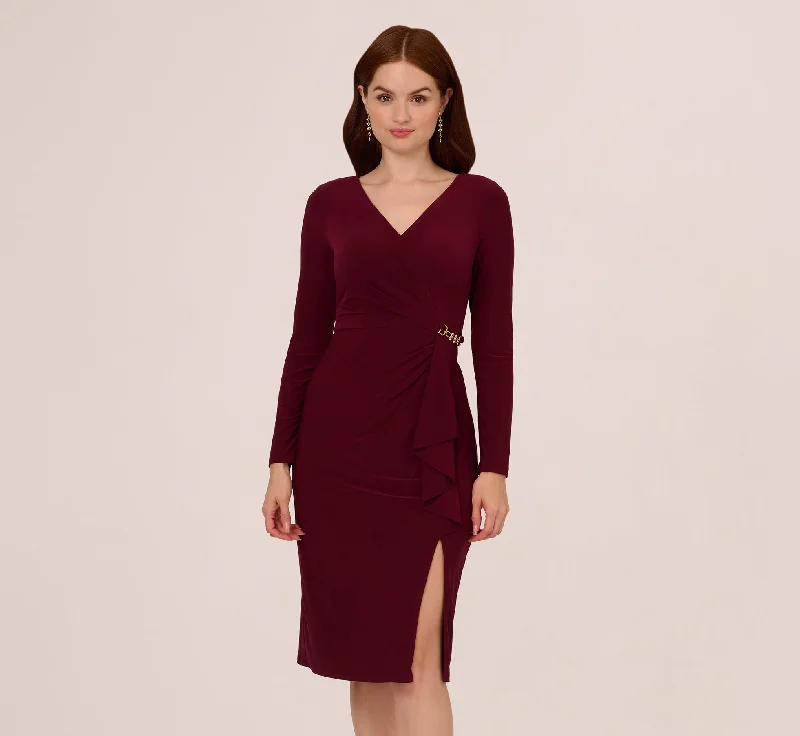 Affordable spring dresses for casual everyday wear -Long Sleeve Draped Jersey Dress With Chain Trim In Blackened Red