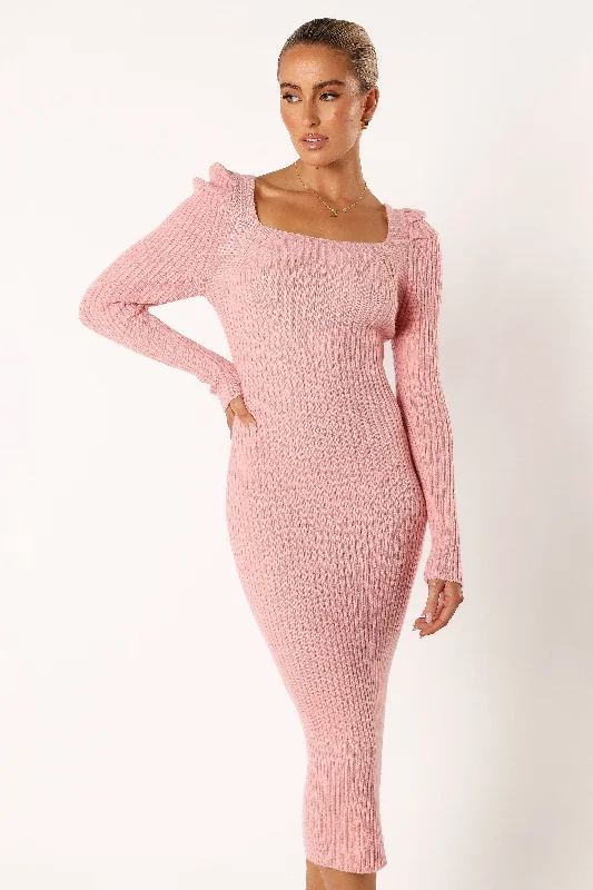 Bridal spring dresses with elegant details for a classic look -Camryn Puff Sleeve Knit Sweater Midi Dress - Blush