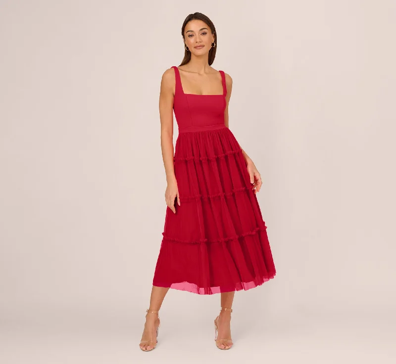 Best wedding guest dresses for spring weddings with a romantic feel -Sleeveless Midi Dress With Square Neck And Tiered Skirt In Matador Red