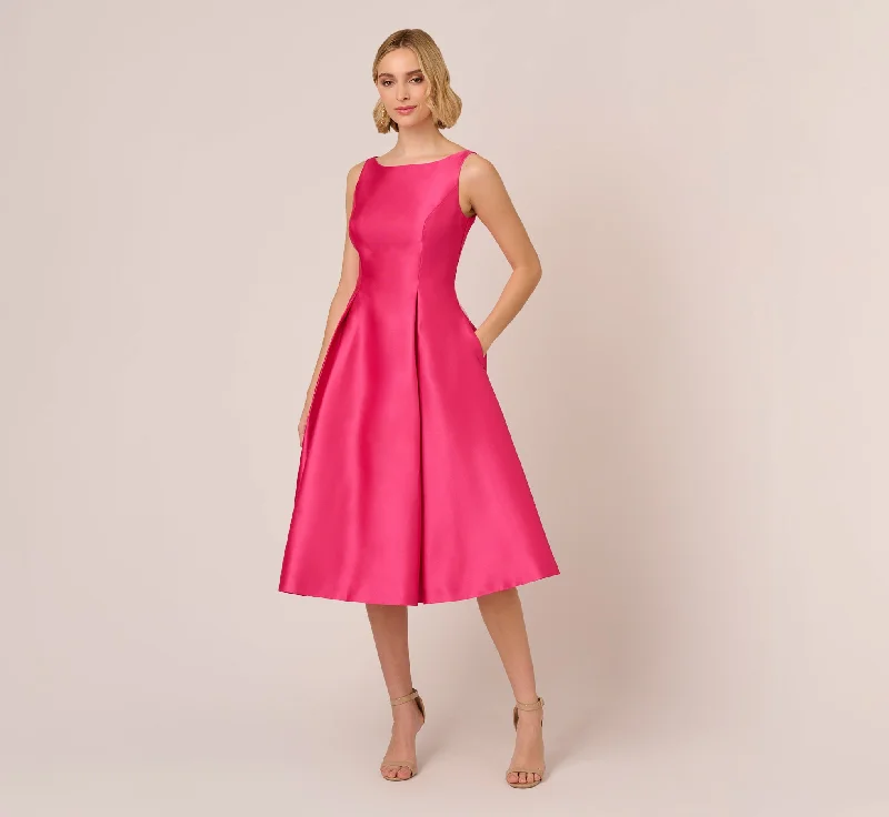 Wedding guest dresses with ruffles for a soft, feminine look -Sleeveless Mikado Fit And Flare Midi Dress With V-Back In Electric Pink