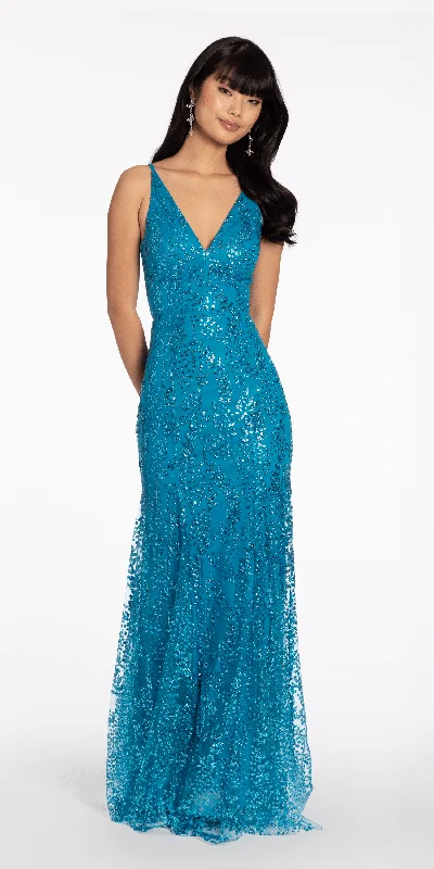formal dresses for cocktail parties with fitted silhouettes --Glitter Mesh V Neck Lace Up Back Trumpet Dress